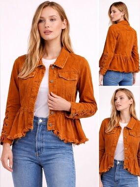 Free People Willow Ruffled Denim Jacket Boho Lace-Up Sleeve Cotton